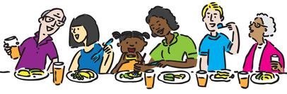 A cartoon drawing showing people of diverse age, gender, and skin color enjoying a meal together.