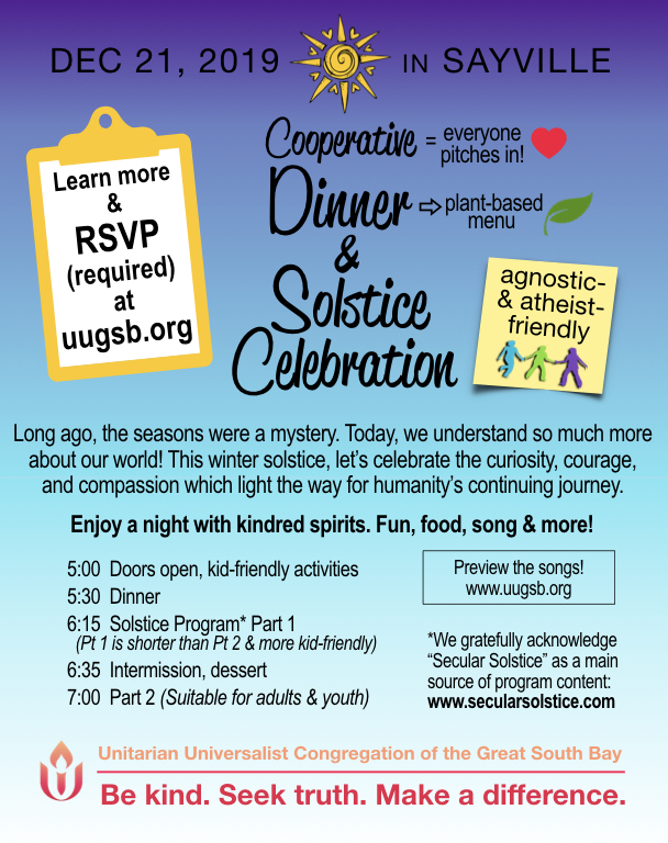 flyer for Cooperative Dinner & Solstice Celebration happening on December 21, 2019